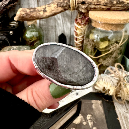 Silver Sheen Obsidian Crystal Ring Fine Silver Size 8.5 / Foxlark Collection - One of a Kind