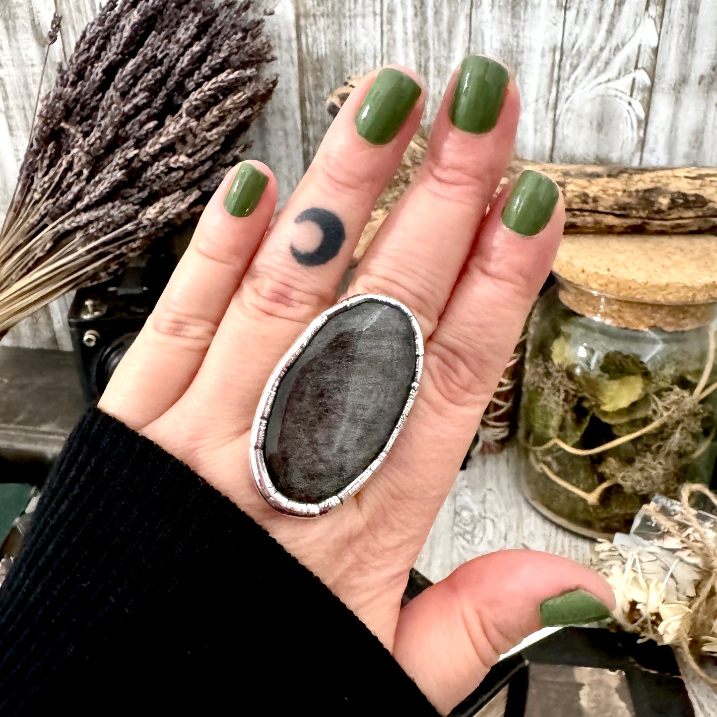 Silver Sheen Obsidian Crystal Ring Fine Silver Size 8.5 / Foxlark Collection - One of a Kind