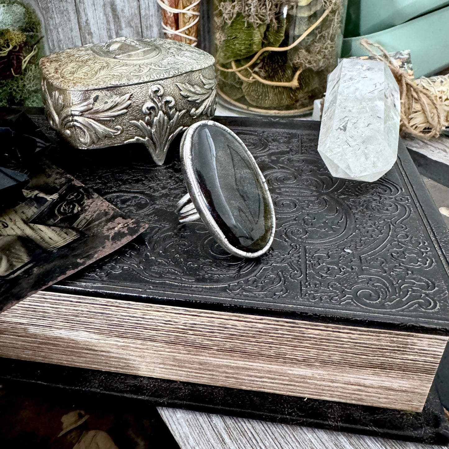 Golden Sheen Obsidian Crystal Ring Fine Silver Size 8.5 / Foxlark Collection - One of a Kind