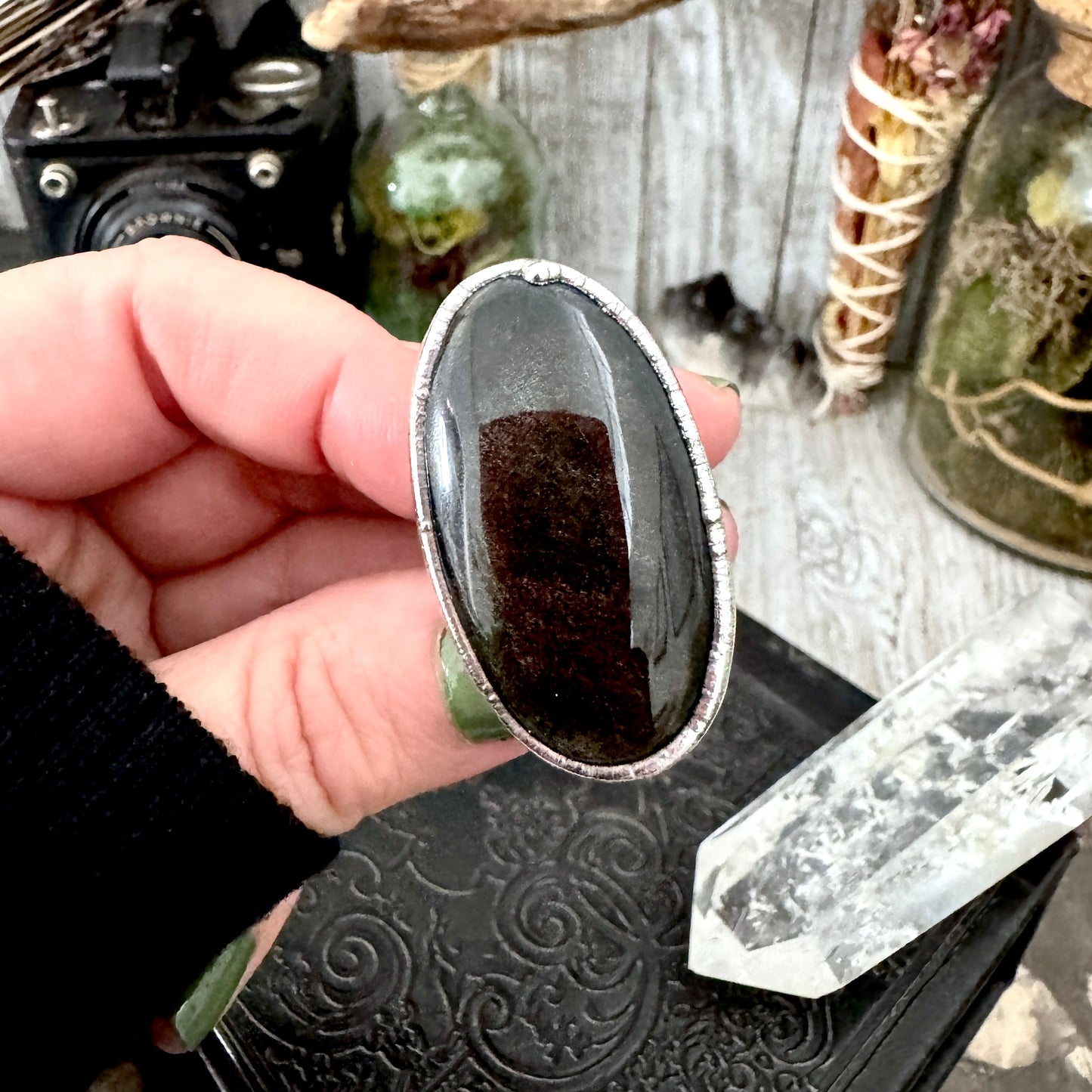 Golden Sheen Obsidian Crystal Ring Fine Silver Size 8.5 / Foxlark Collection - One of a Kind