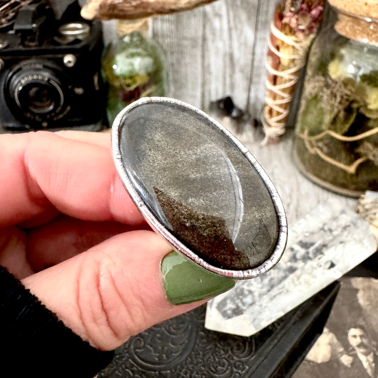 Golden Sheen Obsidian Crystal Ring Fine Silver Size 8.5 / Foxlark Collection - One of a Kind