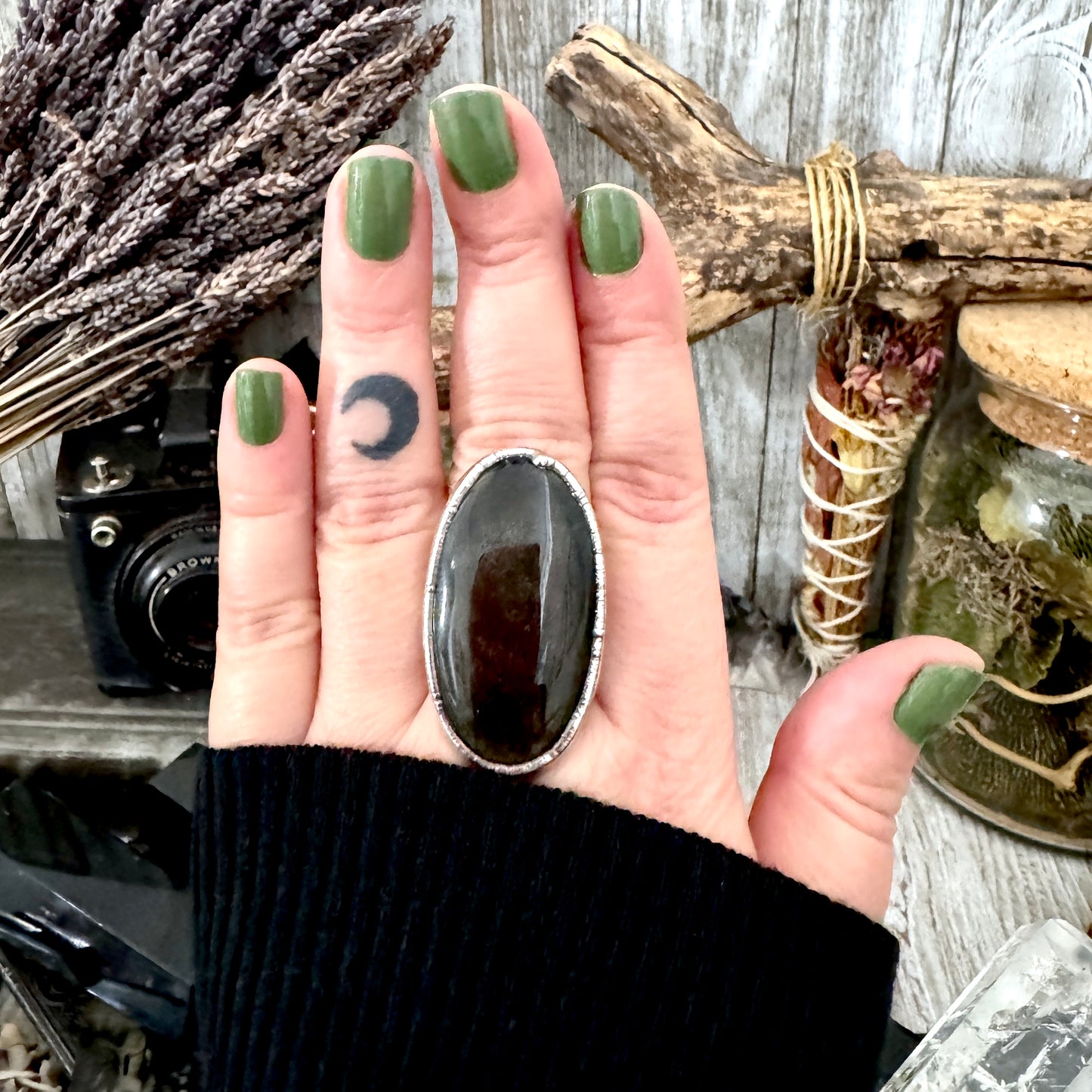 Golden Sheen Obsidian Crystal Ring Fine Silver Size 8.5 / Foxlark Collection - One of a Kind