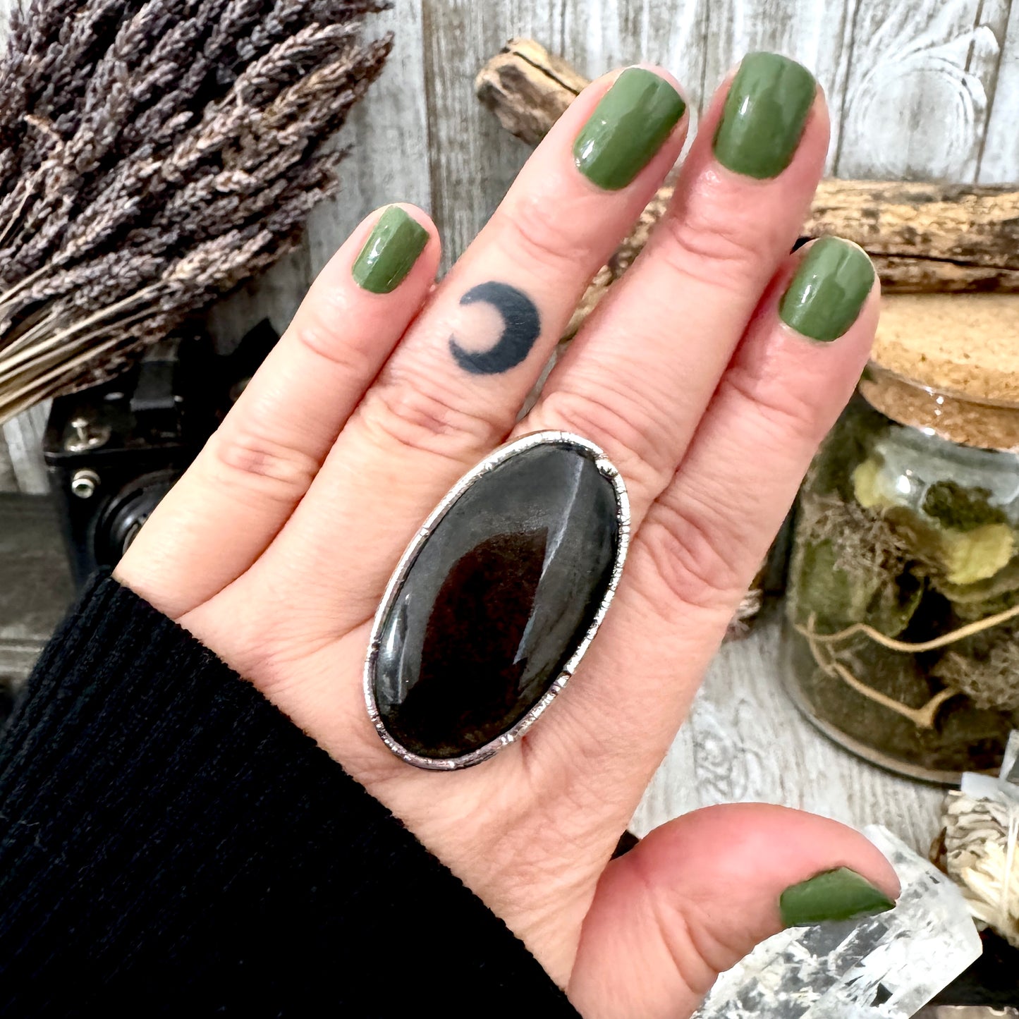 Golden Sheen Obsidian Crystal Ring Fine Silver Size 8.5 / Foxlark Collection - One of a Kind