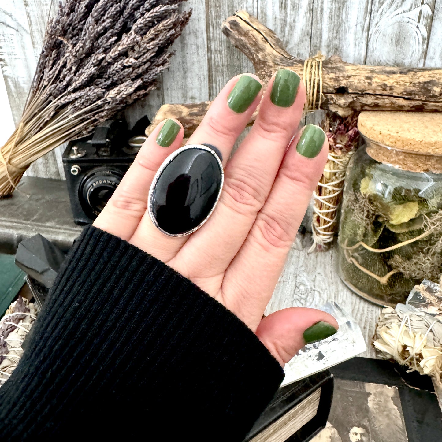 Black Obsidian Crystal Ring Fine Silver Size 7 / Foxlark Collection - One of a Kind