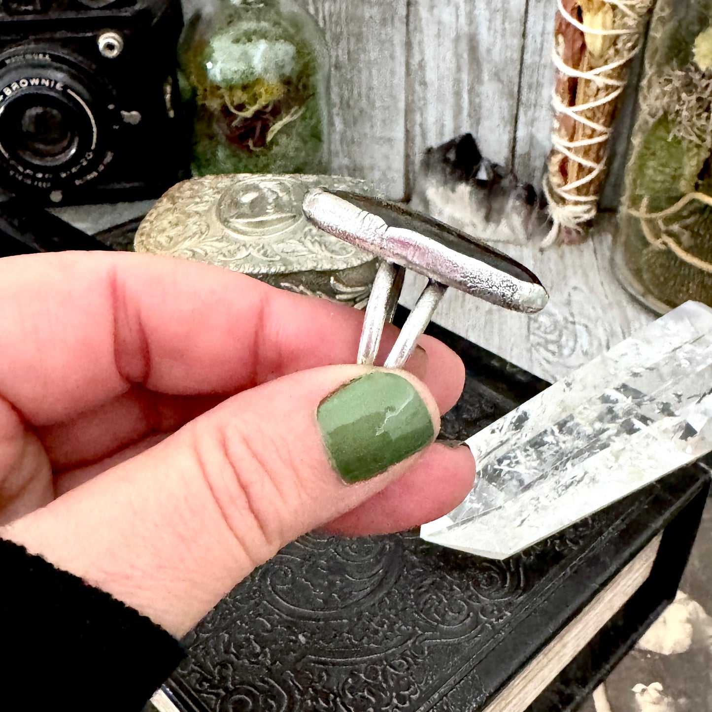 Golden Sheen Obsidian Crystal Ring Fine Silver Size 9 / Foxlark Collection - One of a Kind