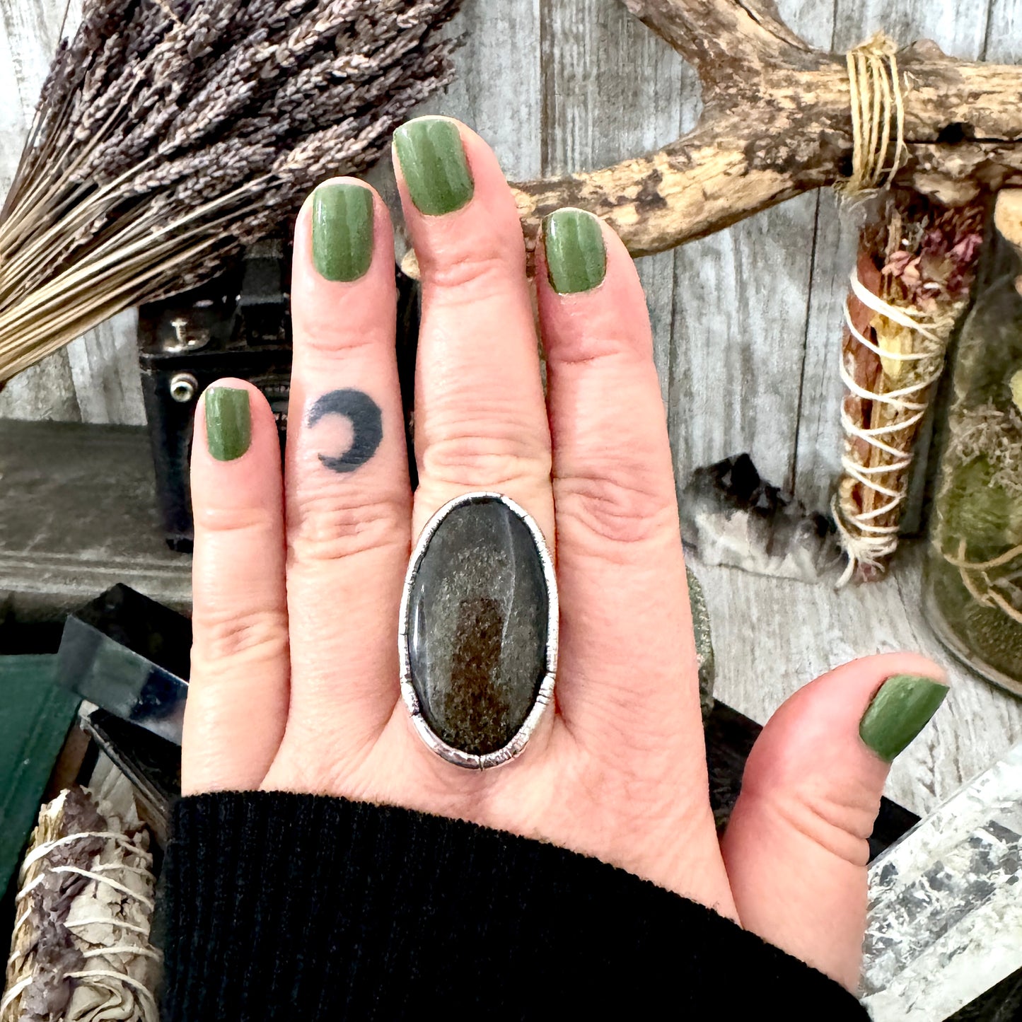 Golden Sheen Obsidian Crystal Ring Fine Silver Size 9 / Foxlark Collection - One of a Kind