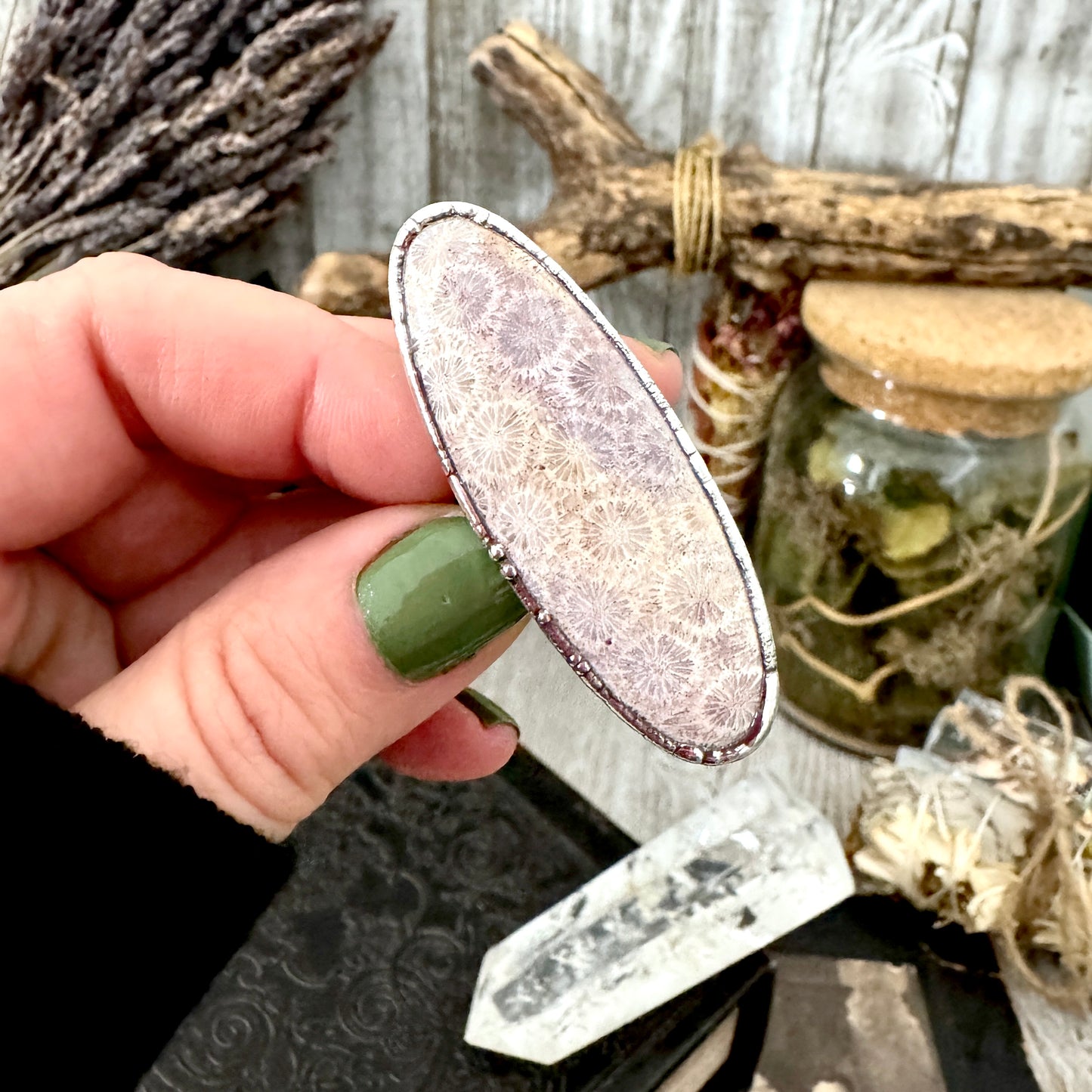 Fossilized Coral Crystal Ring Fine Silver Size 8.5 / Foxlark Collection - One of a Kind