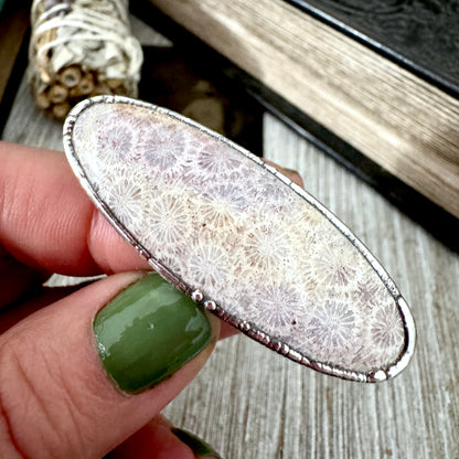 Fossilized Coral Crystal Ring Fine Silver Size 8.5 / Foxlark Collection - One of a Kind
