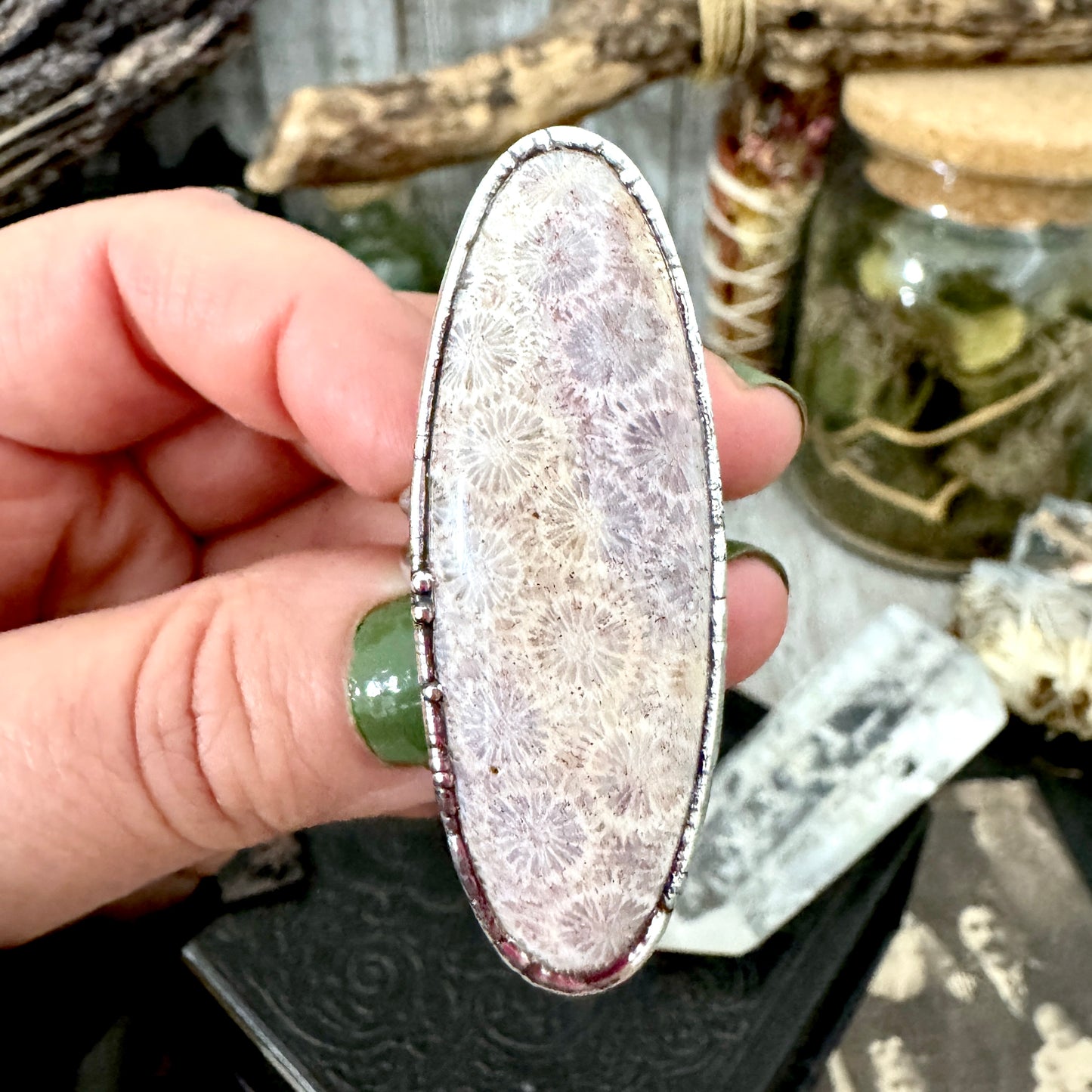 Fossilized Coral Crystal Ring Fine Silver Size 8.5 / Foxlark Collection - One of a Kind