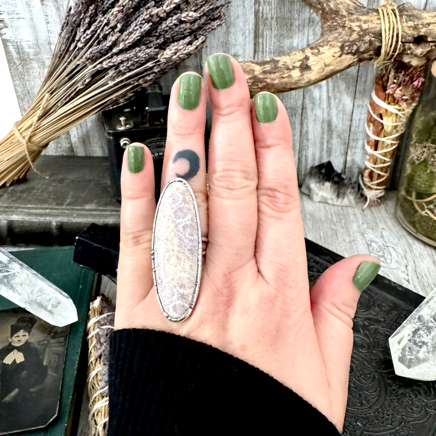 Fossilized Coral Crystal Ring Fine Silver Size 8.5 / Foxlark Collection - One of a Kind