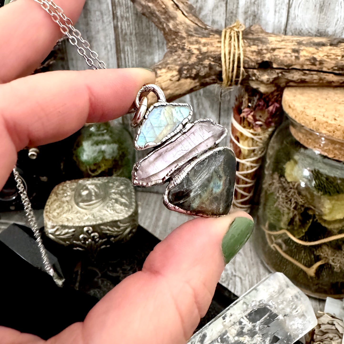 Multi Stone Rainbow Moonstone Vera Cruz Amethyst Labradorite Crystal Necklace Fine Silver / Foxlark Collection