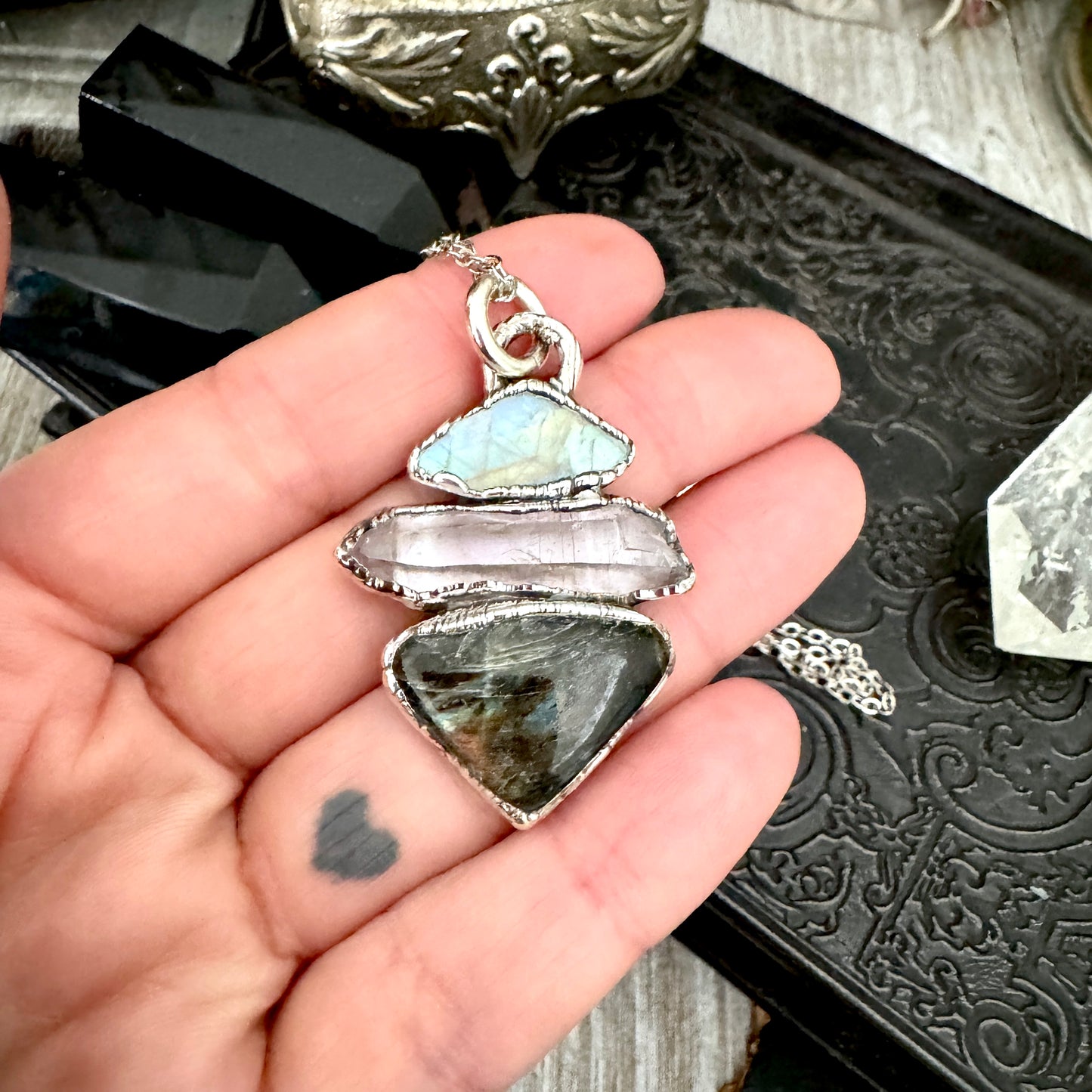 Multi Stone Rainbow Moonstone Vera Cruz Amethyst Labradorite Crystal Necklace Fine Silver / Foxlark Collection