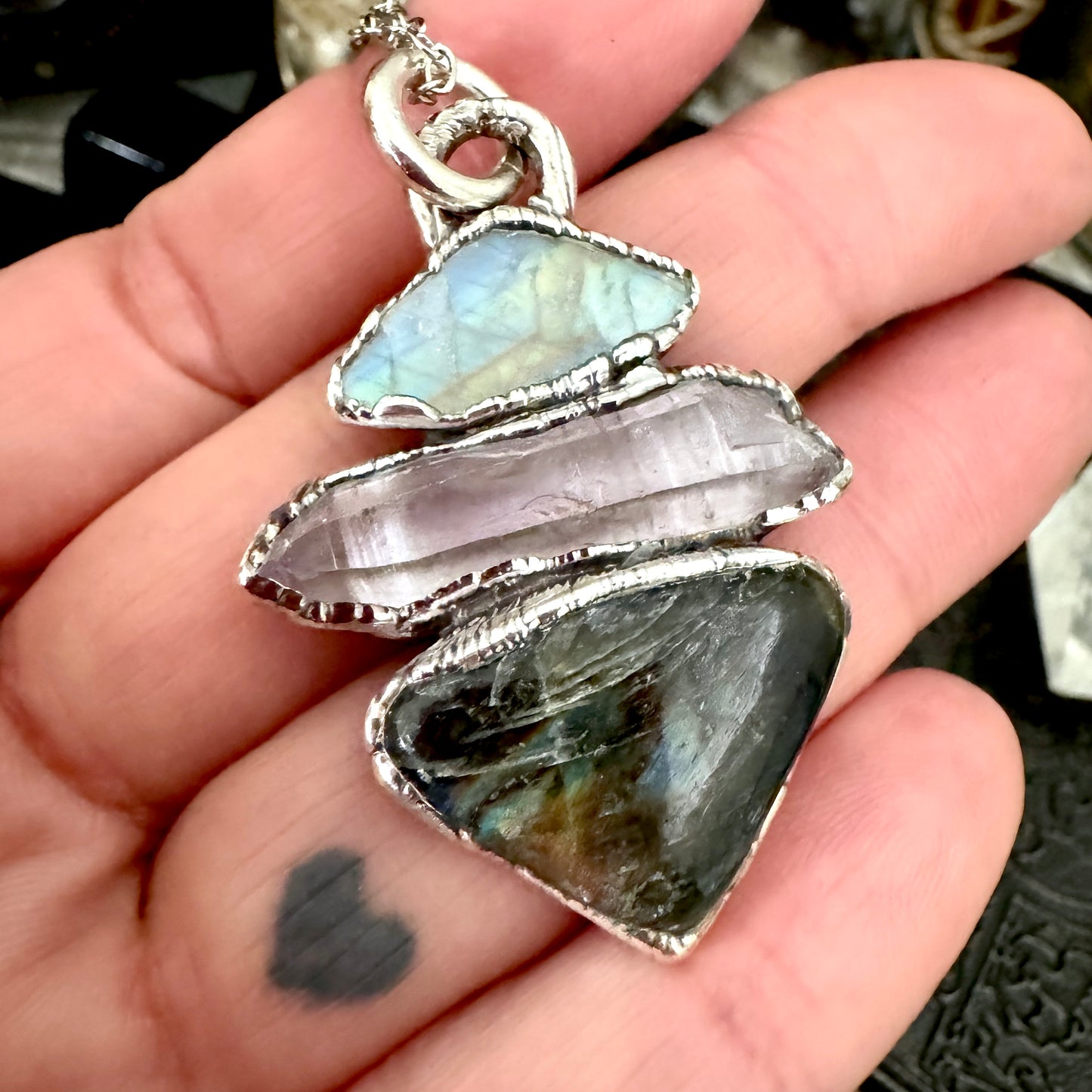 Multi Stone Rainbow Moonstone Vera Cruz Amethyst Labradorite Crystal Necklace Fine Silver / Foxlark Collection