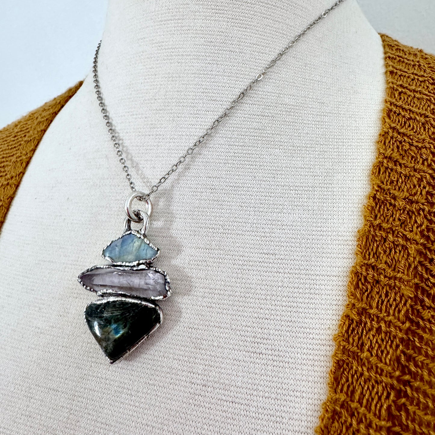 Multi Stone Rainbow Moonstone Vera Cruz Amethyst Labradorite Crystal Necklace Fine Silver / Foxlark Collection