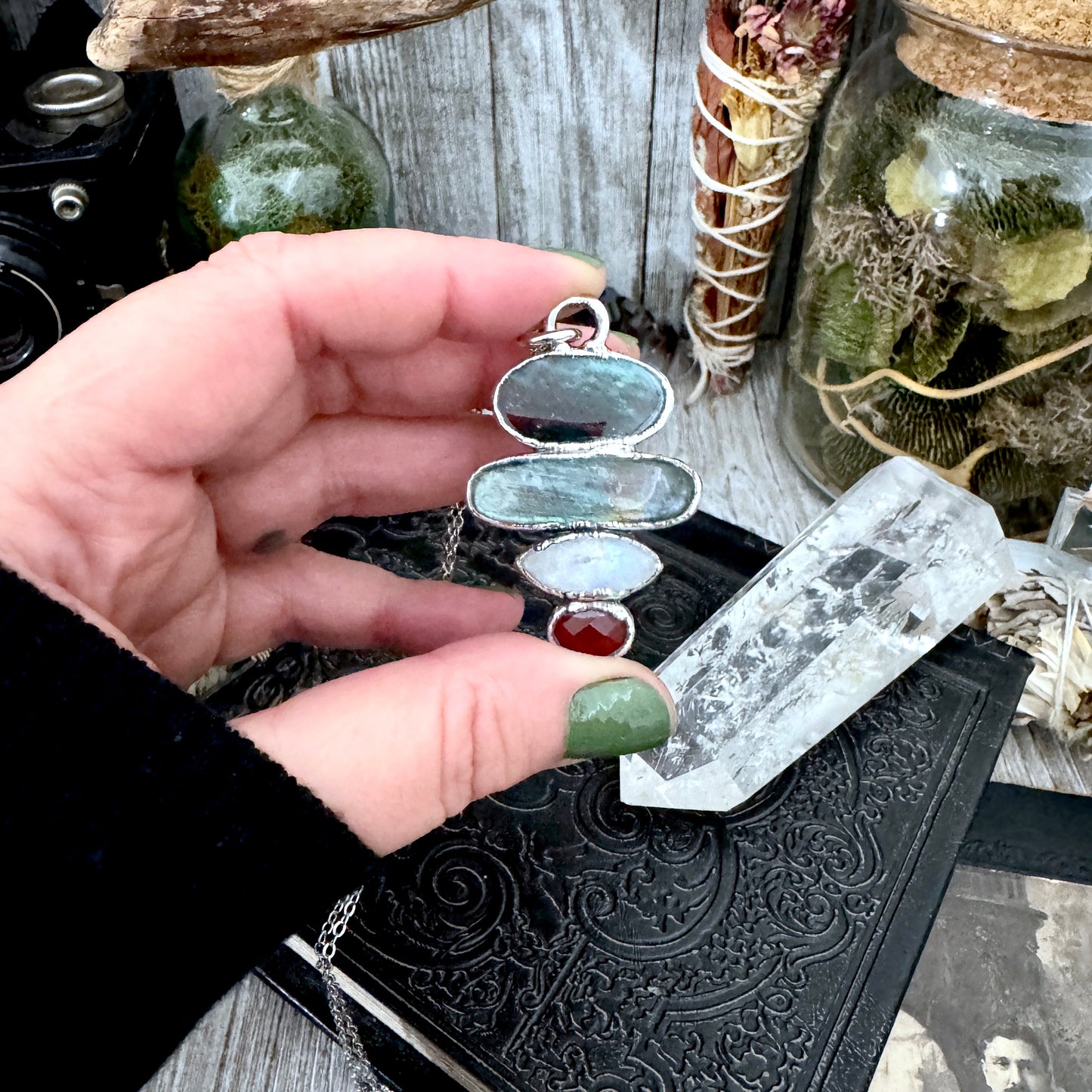 Multi Stone Bloodstone Labradorite Rainbow Moonstone Garnet Crystal Necklace Fine Silver / Foxlark Collection
