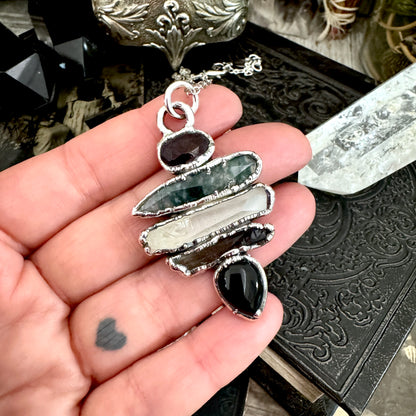 Multi Stone Garnet Moss Agate Raw Clear Quartz Raw Smoky Quartz Black Onyx Crystal Necklace Fine Silver / Foxlark Collection