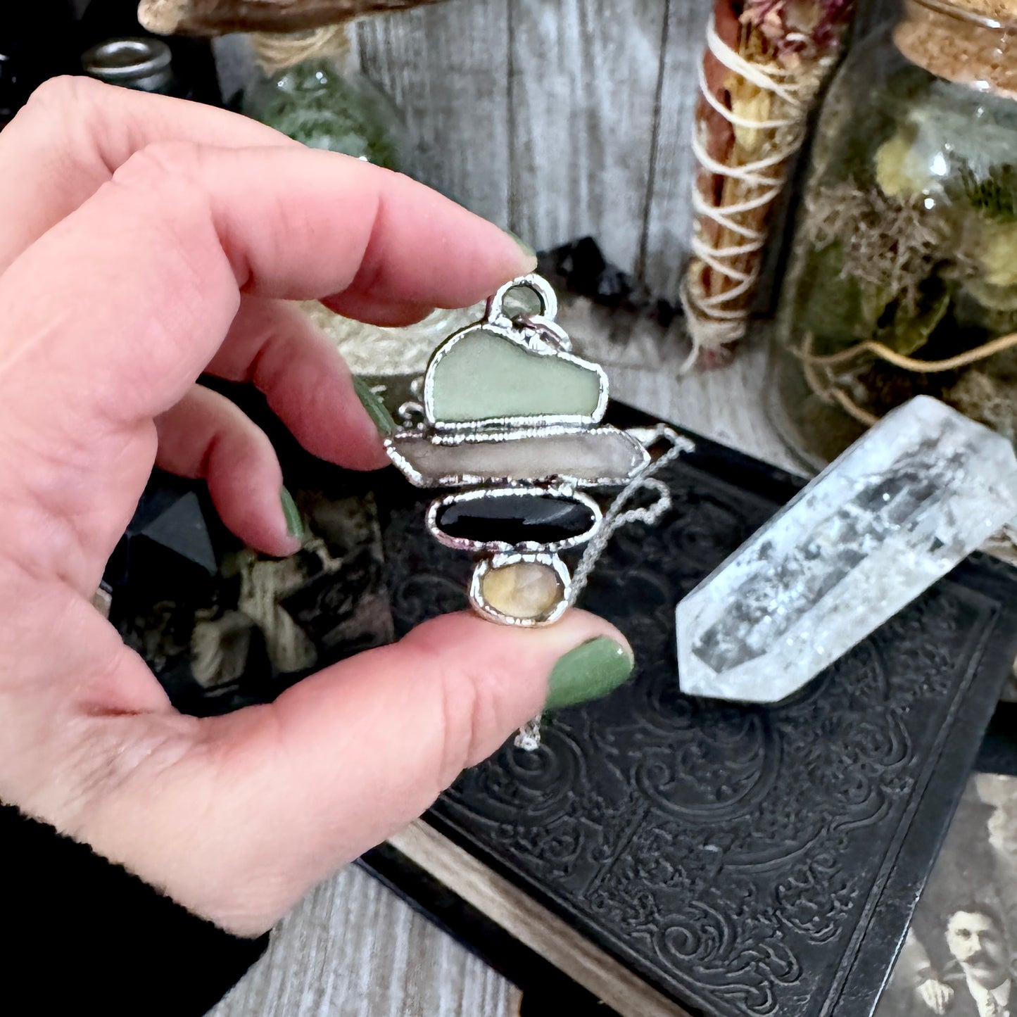 Multi Stone Green Sea Glass Raw Smoky Quartz Black Onyx Citrine Crystal Necklace Fine Silver / Foxlark Collection