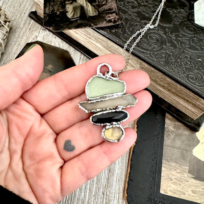 Multi Stone Green Sea Glass Raw Smoky Quartz Black Onyx Citrine Crystal Necklace Fine Silver / Foxlark Collection