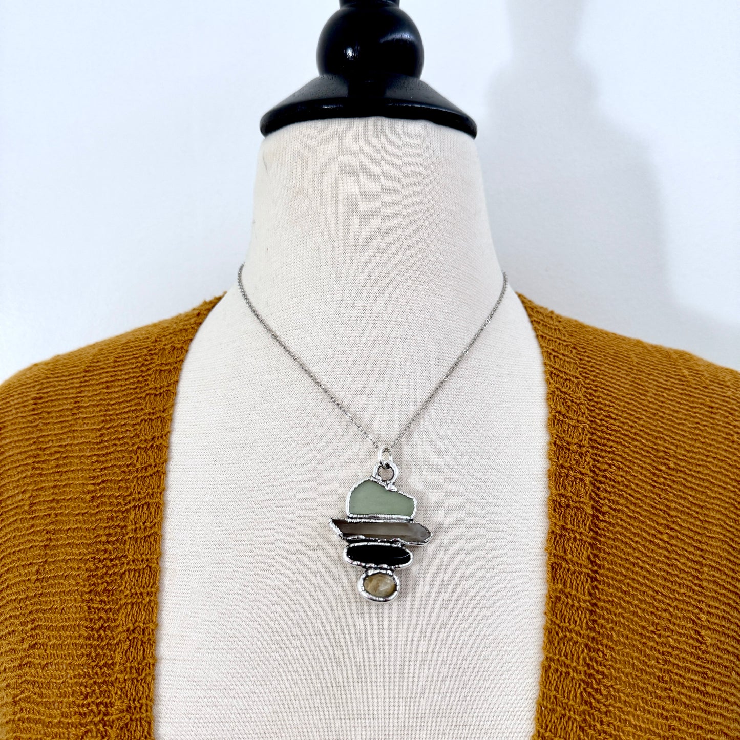 Multi Stone Green Sea Glass Raw Smoky Quartz Black Onyx Citrine Crystal Necklace Fine Silver / Foxlark Collection