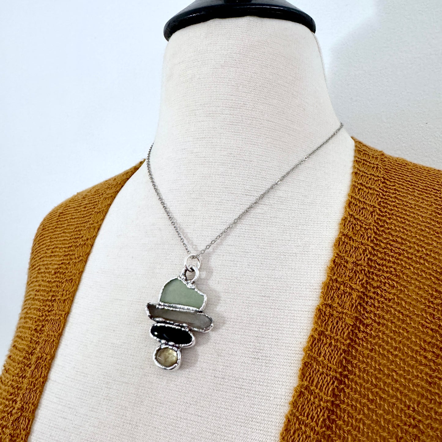 Multi Stone Green Sea Glass Raw Smoky Quartz Black Onyx Citrine Crystal Necklace Fine Silver / Foxlark Collection