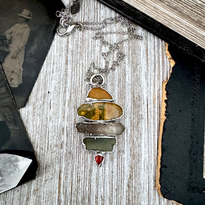 Multi Stone Sea Glass Jasper Smoky Quartz Carnelian Crystal Necklace Fine Silver / Foxlark Collection