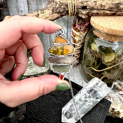 Multi Stone Sea Glass Jasper Smoky Quartz Carnelian Crystal Necklace Fine Silver / Foxlark Collection