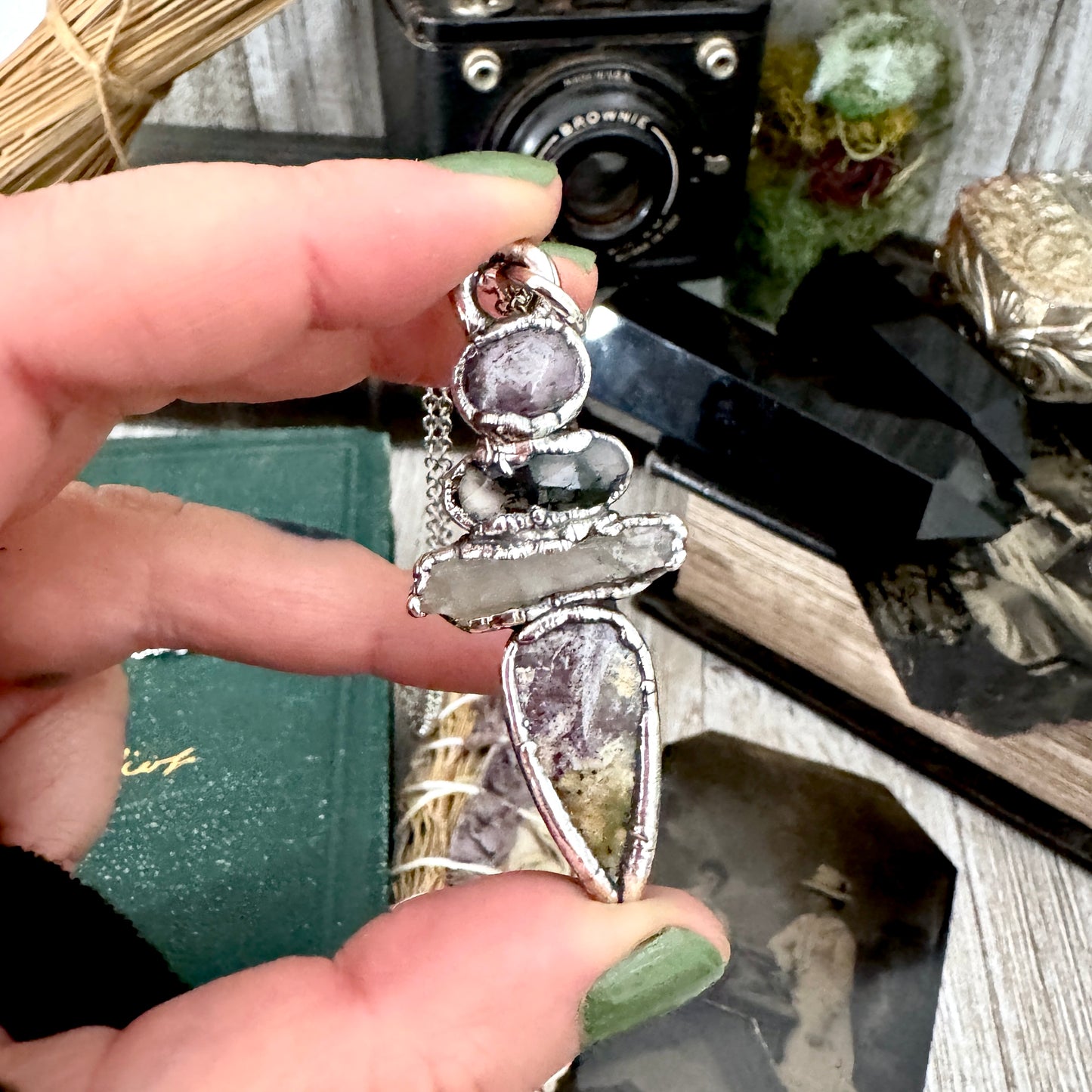 Multi Stone Star Ruby Moss Agate Clear Quartz Jasper Crystal Necklace Fine Silver / Foxlark Collection