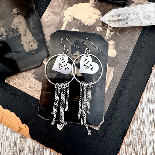 Hand Stamped BITE ME Fringe Heart Earrings