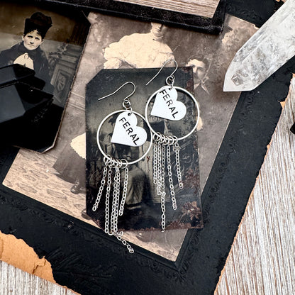 Hand Stamped FERAL Fringe Heart Earrings