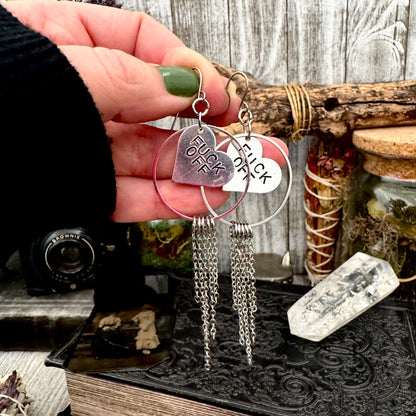 Hand Stamped FUCK OFF Fringe Heart Earrings