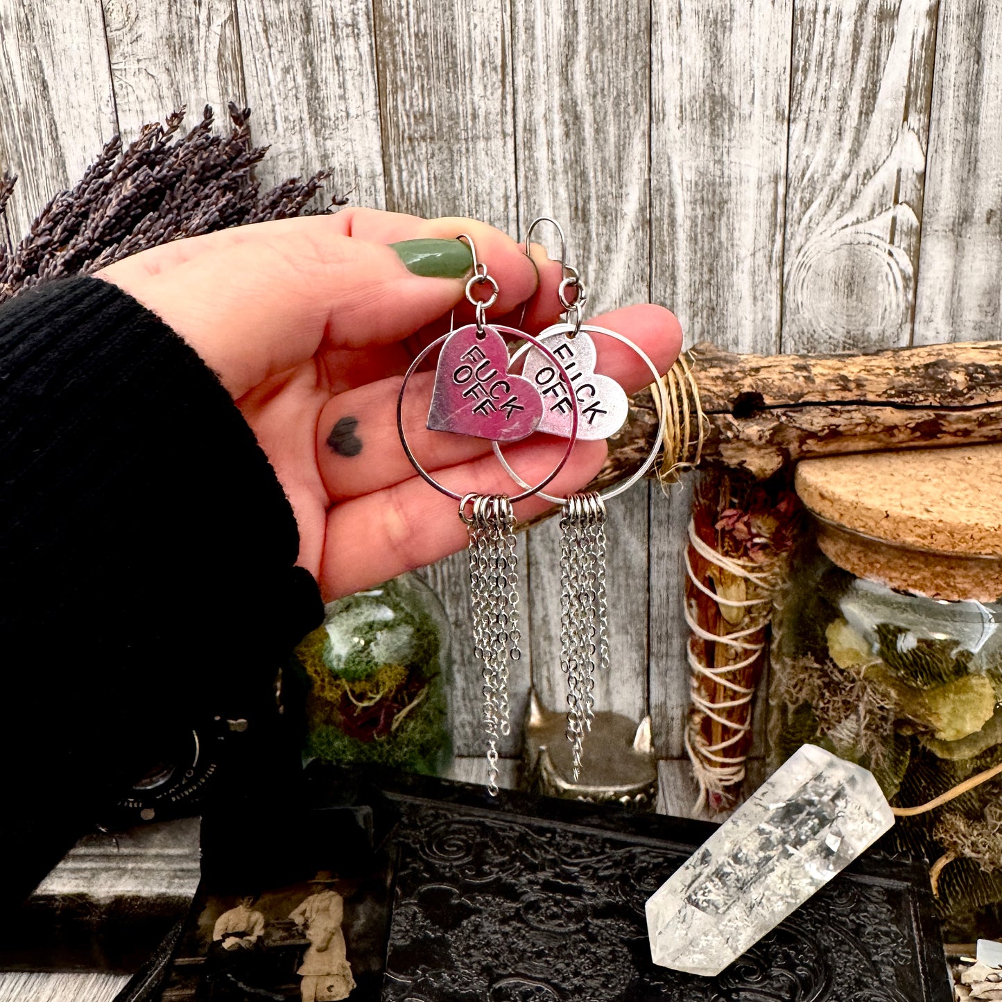 Hand Stamped FUCK OFF Fringe Heart Earrings