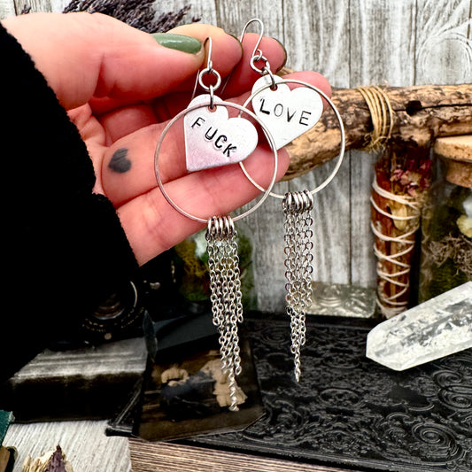 Hand Stamped FUCK LOVE Fringe Heart Earrings