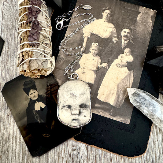 Ceramic Baby Doll Face Necklace Fine Silver / Foxlark Collection - One of a Kind