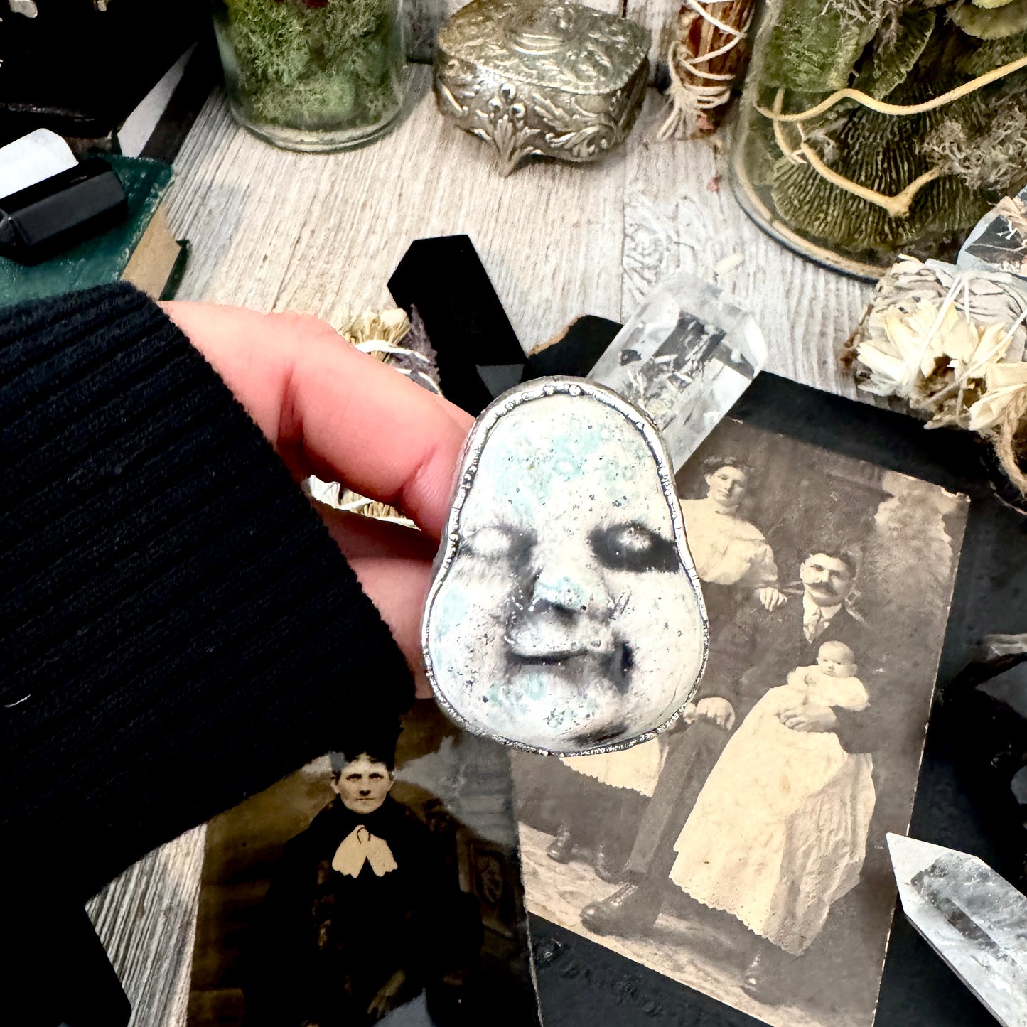 Ceramic Baby Doll Head Ring Fine Silver Size 9 / Foxlark Collection - One of a Kind