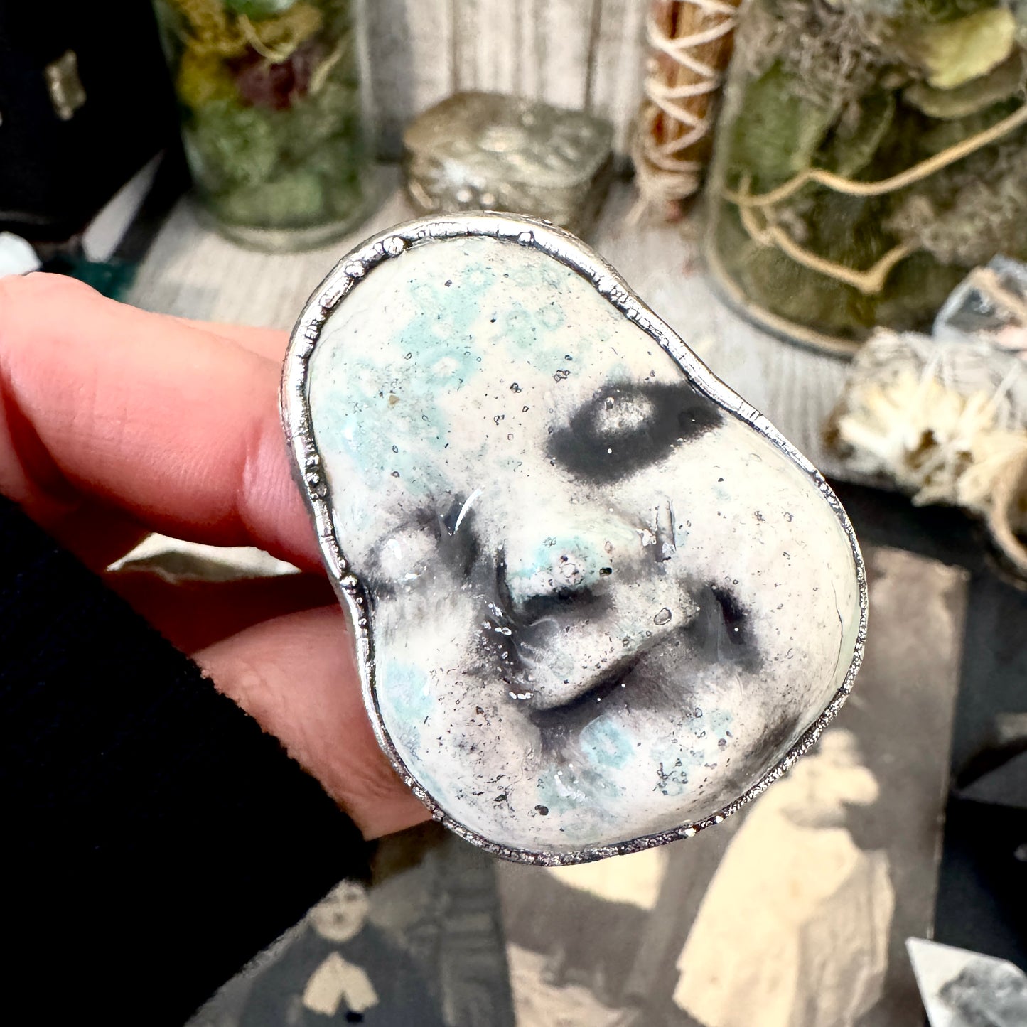 Ceramic Baby Doll Head Ring Fine Silver Size 9 / Foxlark Collection - One of a Kind