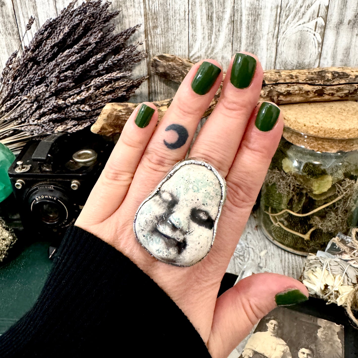 Ceramic Baby Doll Head Ring Fine Silver Size 9 / Foxlark Collection - One of a Kind