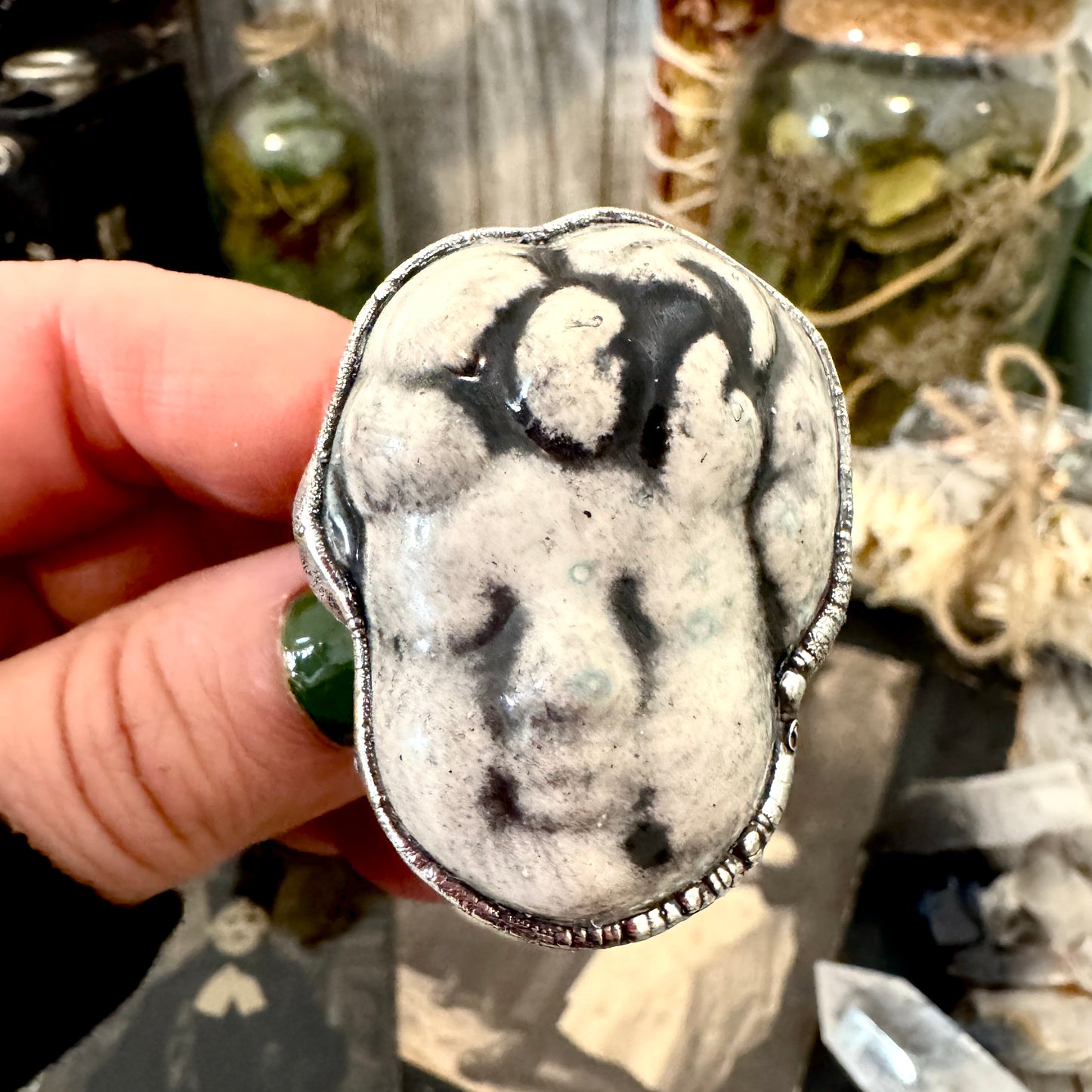 Ceramic Baby Doll Head Ring Fine Silver Size 7.5 / Foxlark Collection - One of a Kind