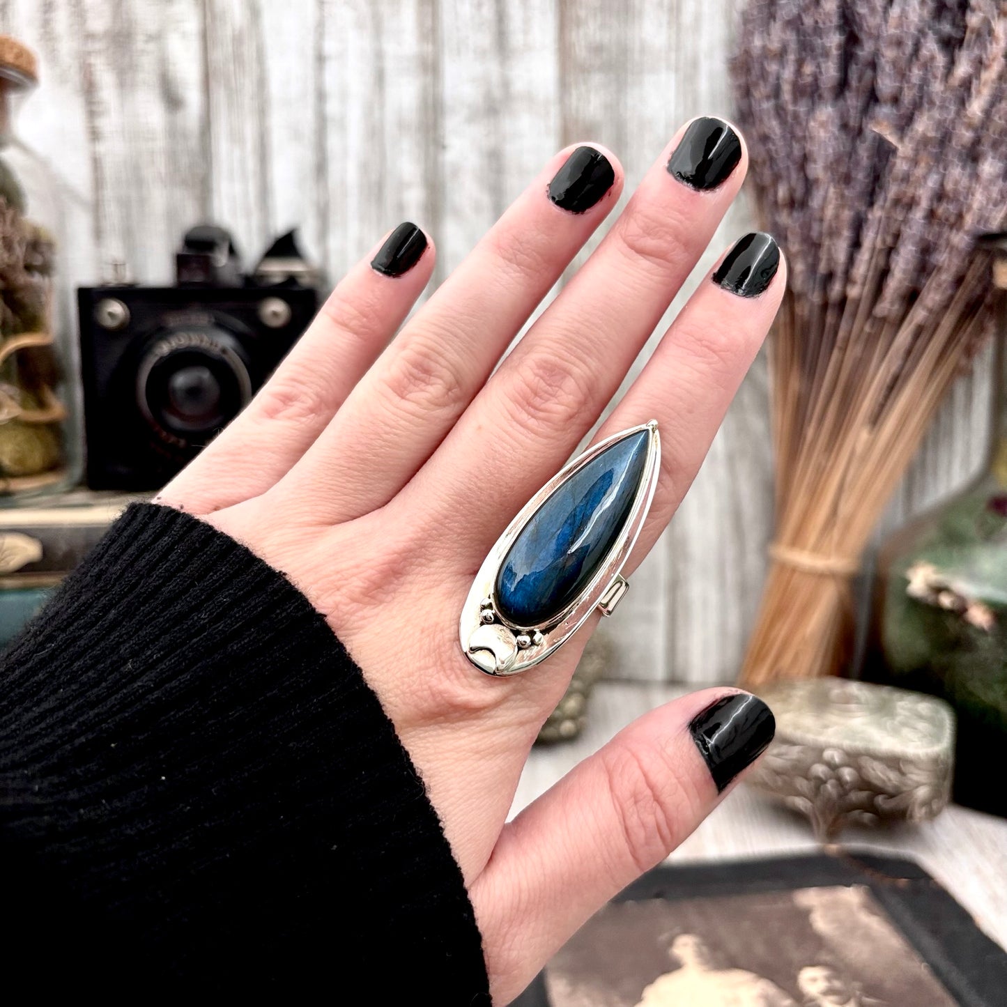 Labradorite Ring Sterling Silver Blue Crystal Rings for Woman / Magic Moon Designed by FOXLARK Adjustable Size 6 7 8 9 10