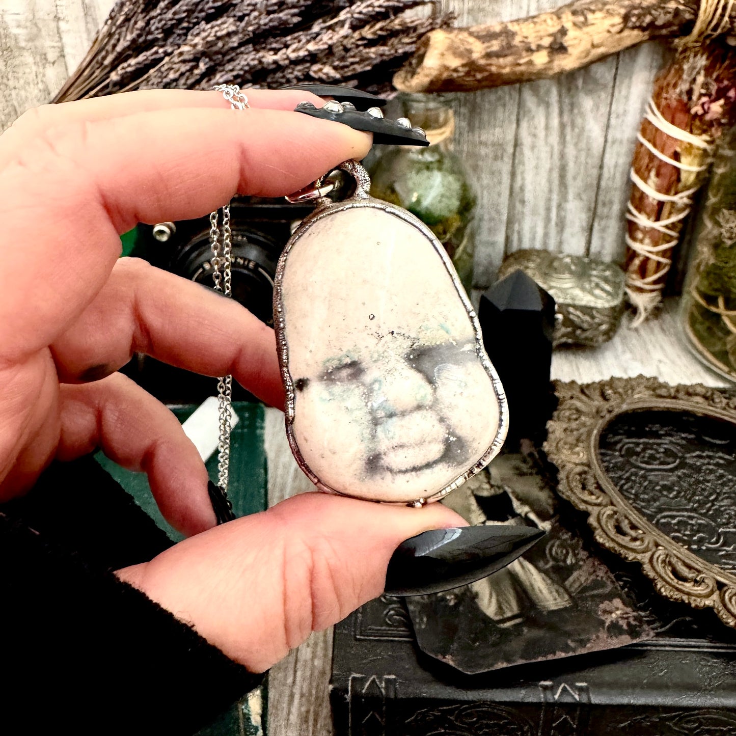 Ceramic Baby Doll Face Necklace Fine Silver / Foxlark Collection - One of a Kind FOXLARK