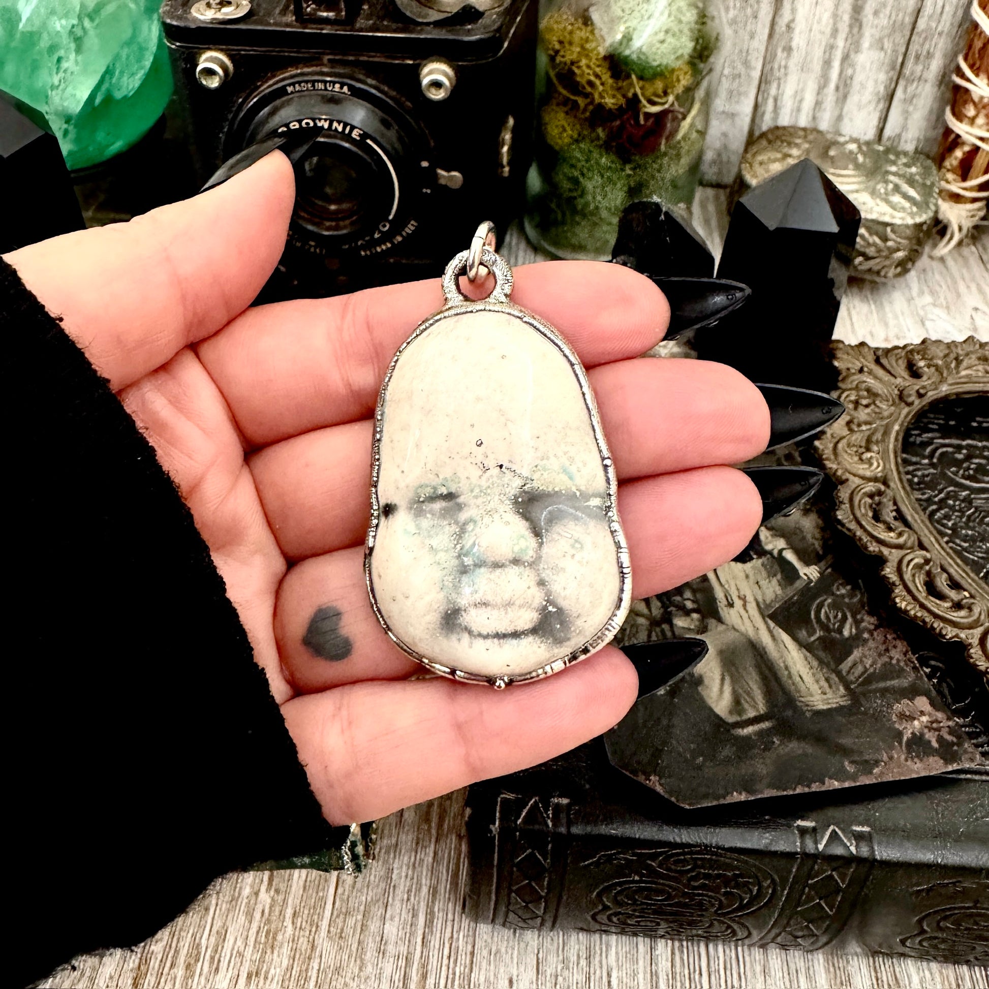 Ceramic Baby Doll Face Necklace Fine Silver / Foxlark Collection - One of a Kind FOXLARK