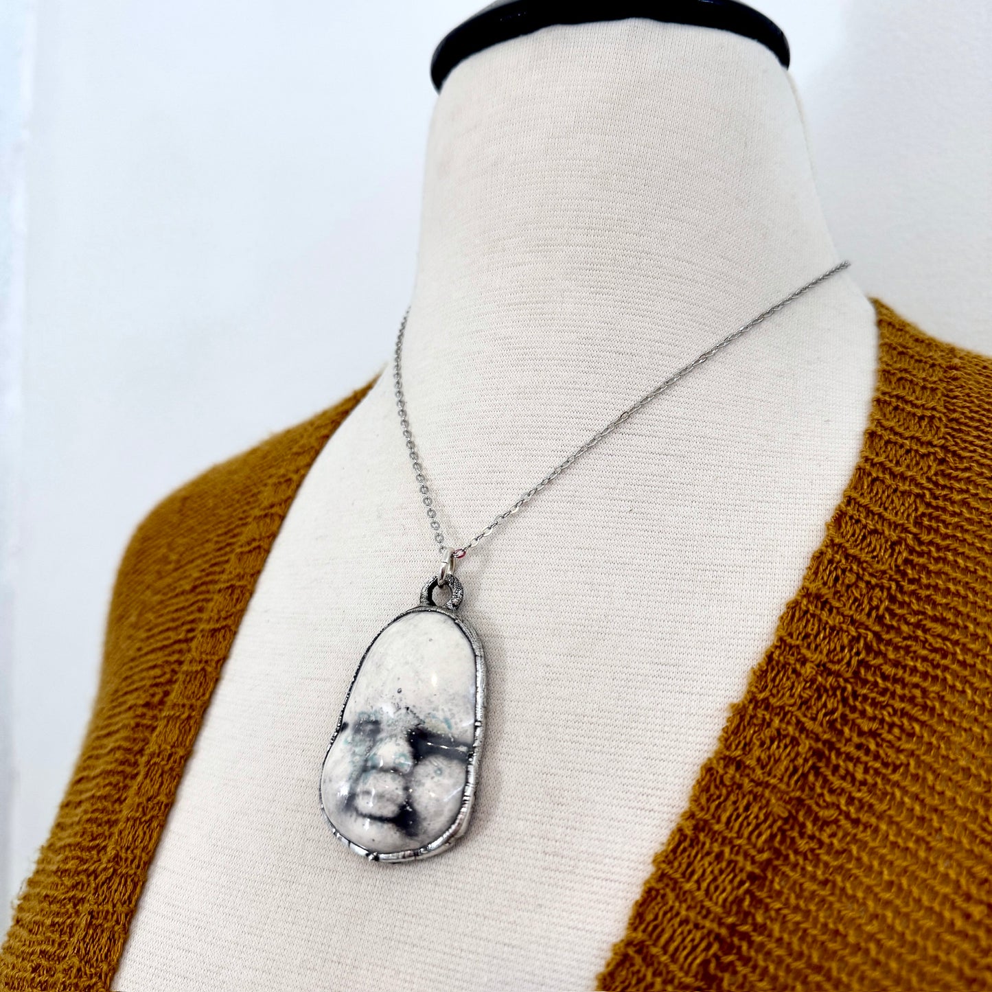Ceramic Baby Doll Face Necklace Fine Silver / Foxlark Collection - One of a Kind FOXLARK