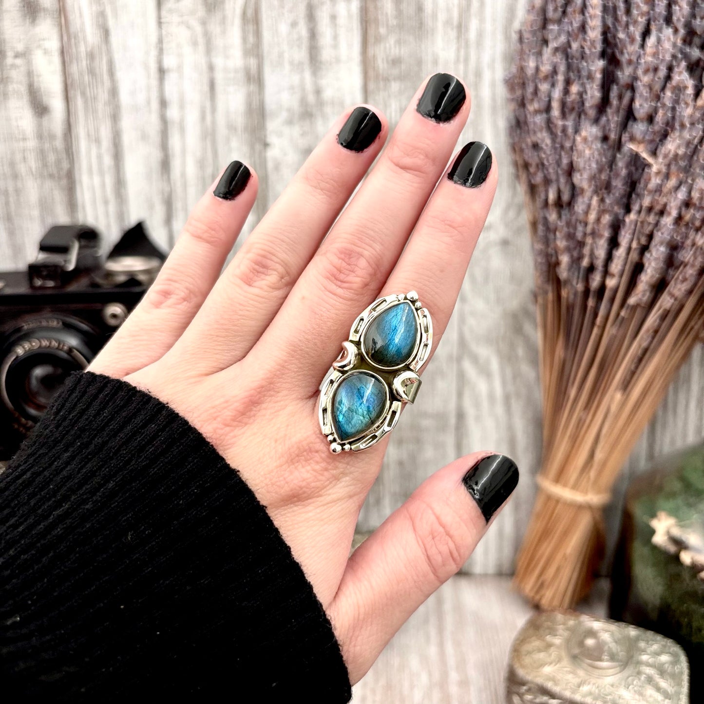 Mystic Moons Labradorite Crystal Ring Sterling Silver Designed FOXLARK Collection Adjustable Ring Size Range 6-9 / Crystal Witchy Jewelry