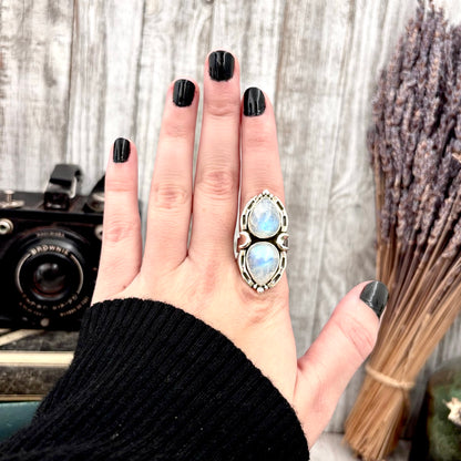 Mystic Moons Rainbow Moonstone Crystal Ring in Solid Sterling Silver- Designed by FOXLARK Collection Adjustable Ring Size Range 6-9
