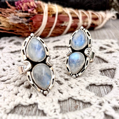 Mystic Moons Rainbow Moonstone Crystal Ring in Solid Sterling Silver- Designed by FOXLARK Collection Adjustable Ring Size Range 6-9