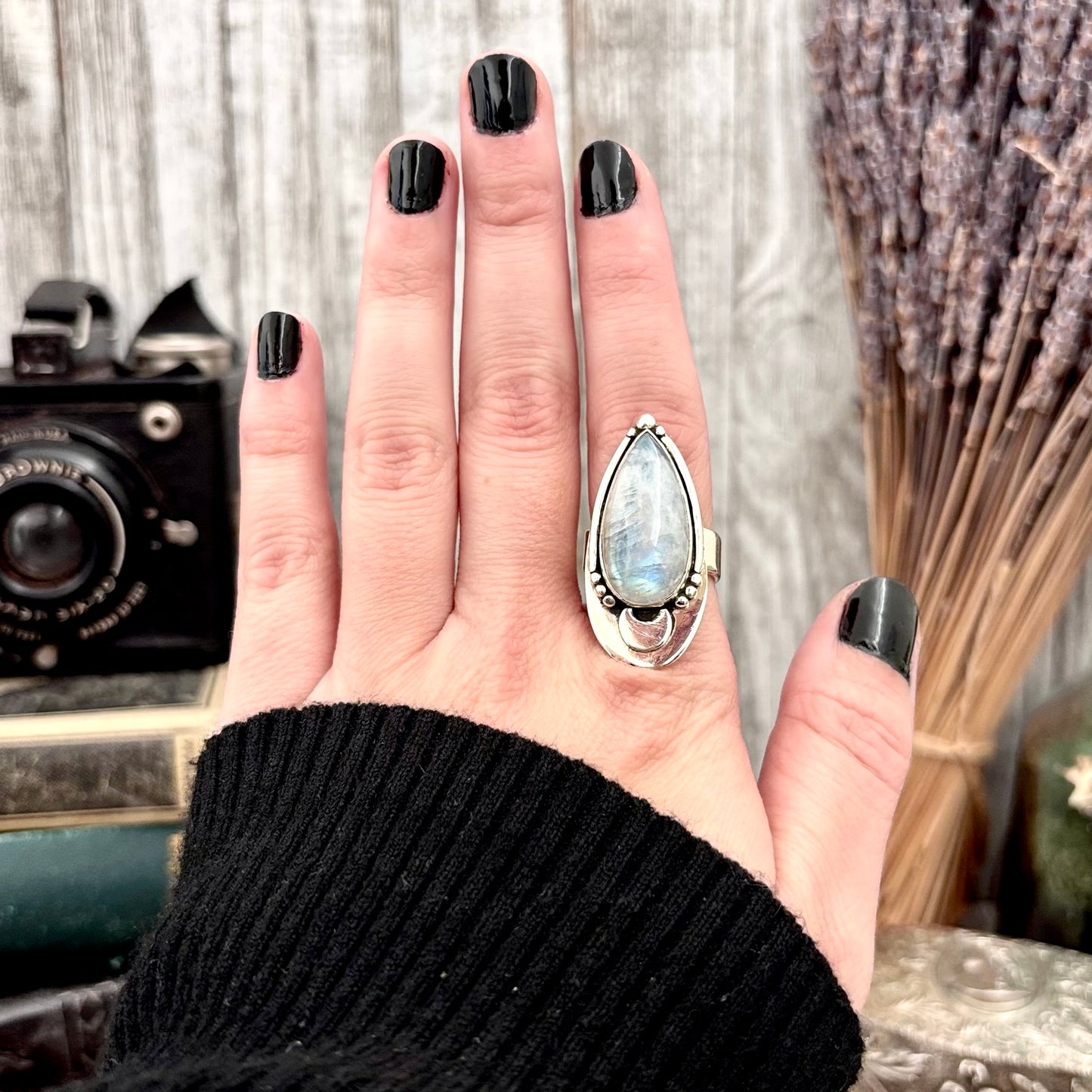 Midnight Moon Rainbow Moonstone Crystal Ring in Sterling Silver- Designed by FOXLARK Collection Adjustable to Size 6 7 8 9