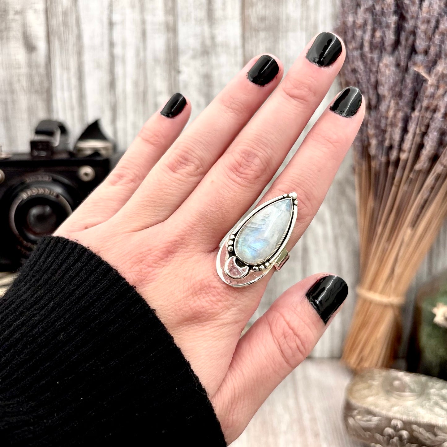 Midnight Moon Rainbow Moonstone Crystal Ring in Sterling Silver- Designed by FOXLARK Collection Adjustable to Size 6 7 8 9