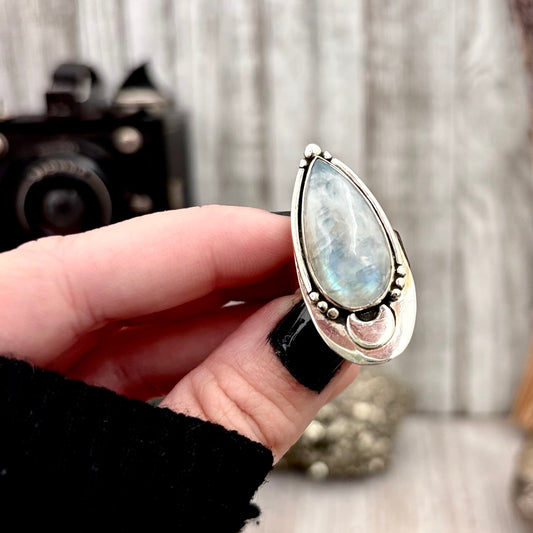 Midnight Moon Rainbow Moonstone Crystal Ring in Sterling Silver- Designed by FOXLARK Collection Adjustable to Size 6 7 8 9