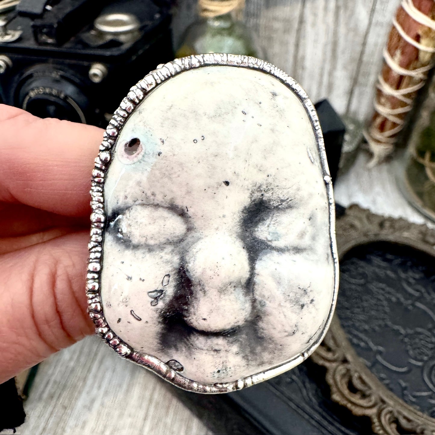 Ceramic Baby Doll Head Ring Fine Silver Size 10 / Foxlark Collection - One of a Kind FOXLARK