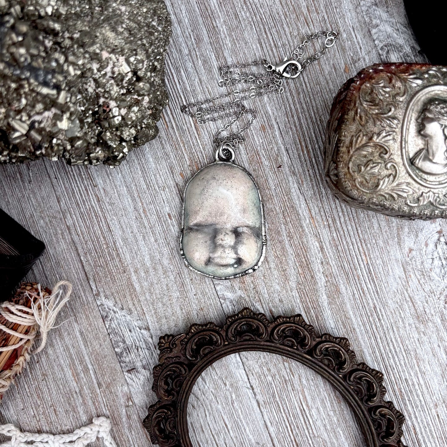 Ceramic Baby Doll Face Necklace Fine Silver / Foxlark Collection - One of a Kind