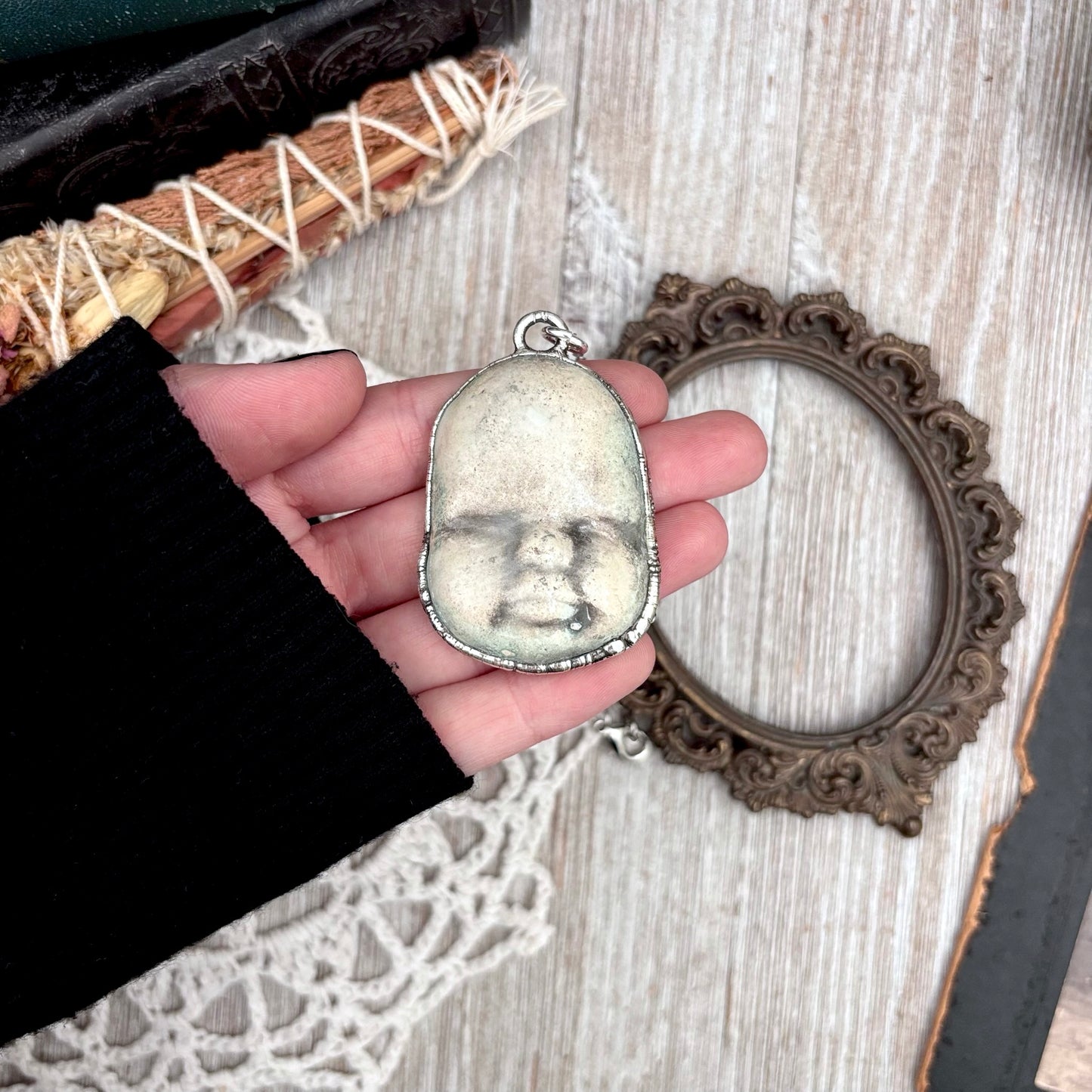 Ceramic Baby Doll Face Necklace Fine Silver / Foxlark Collection - One of a Kind